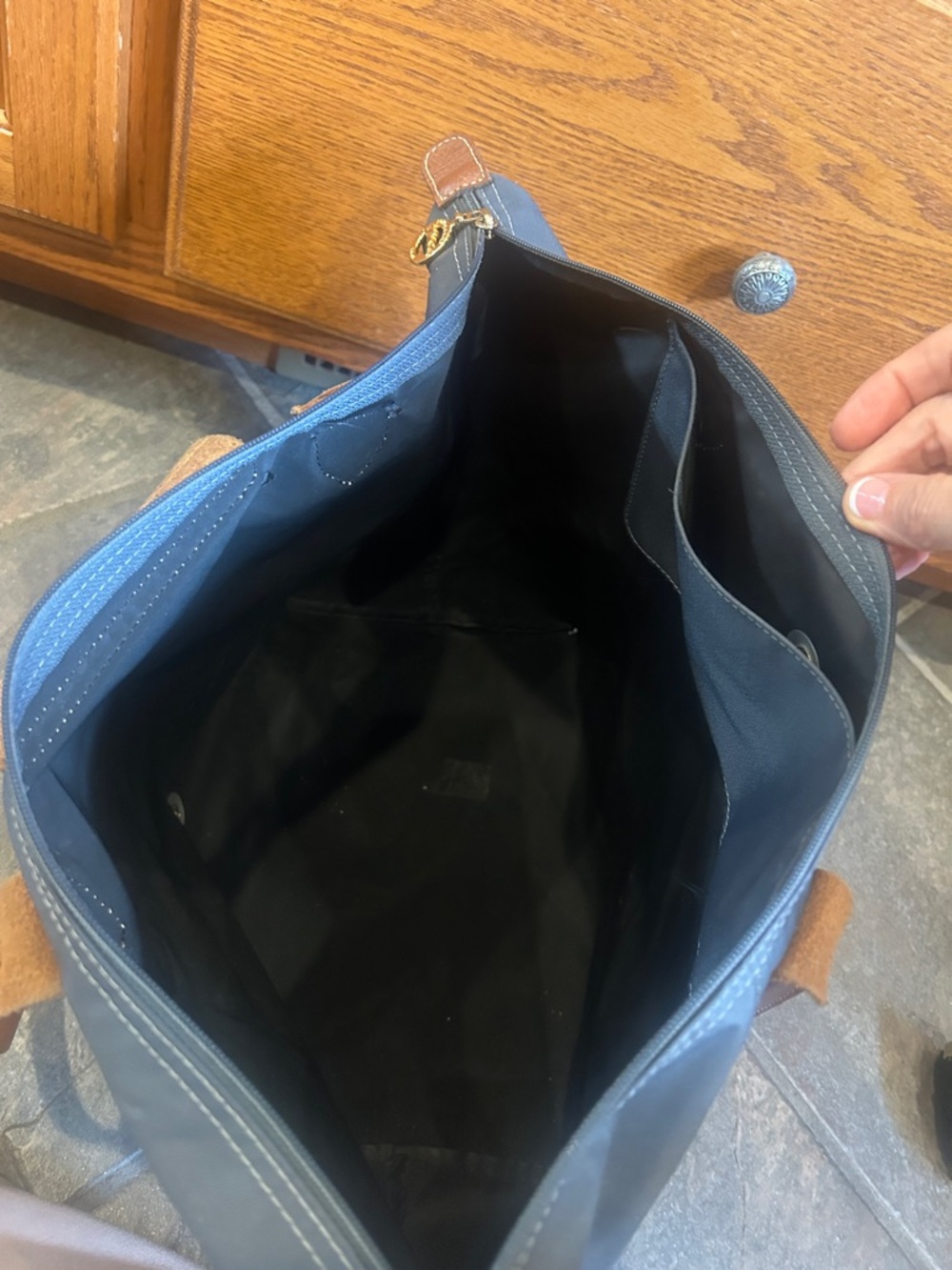 Longchamp Le Pliage Navy Tote with Brown Leather Trim - Picture 10 of 13
